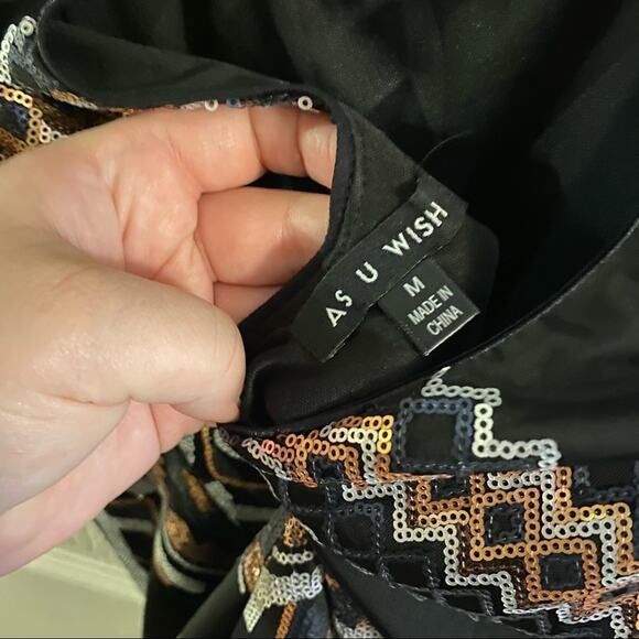 As U Wish Metallic Sequin Open Back Dress Women's Size Medium Black Sleeveless - Picture 4 of 8